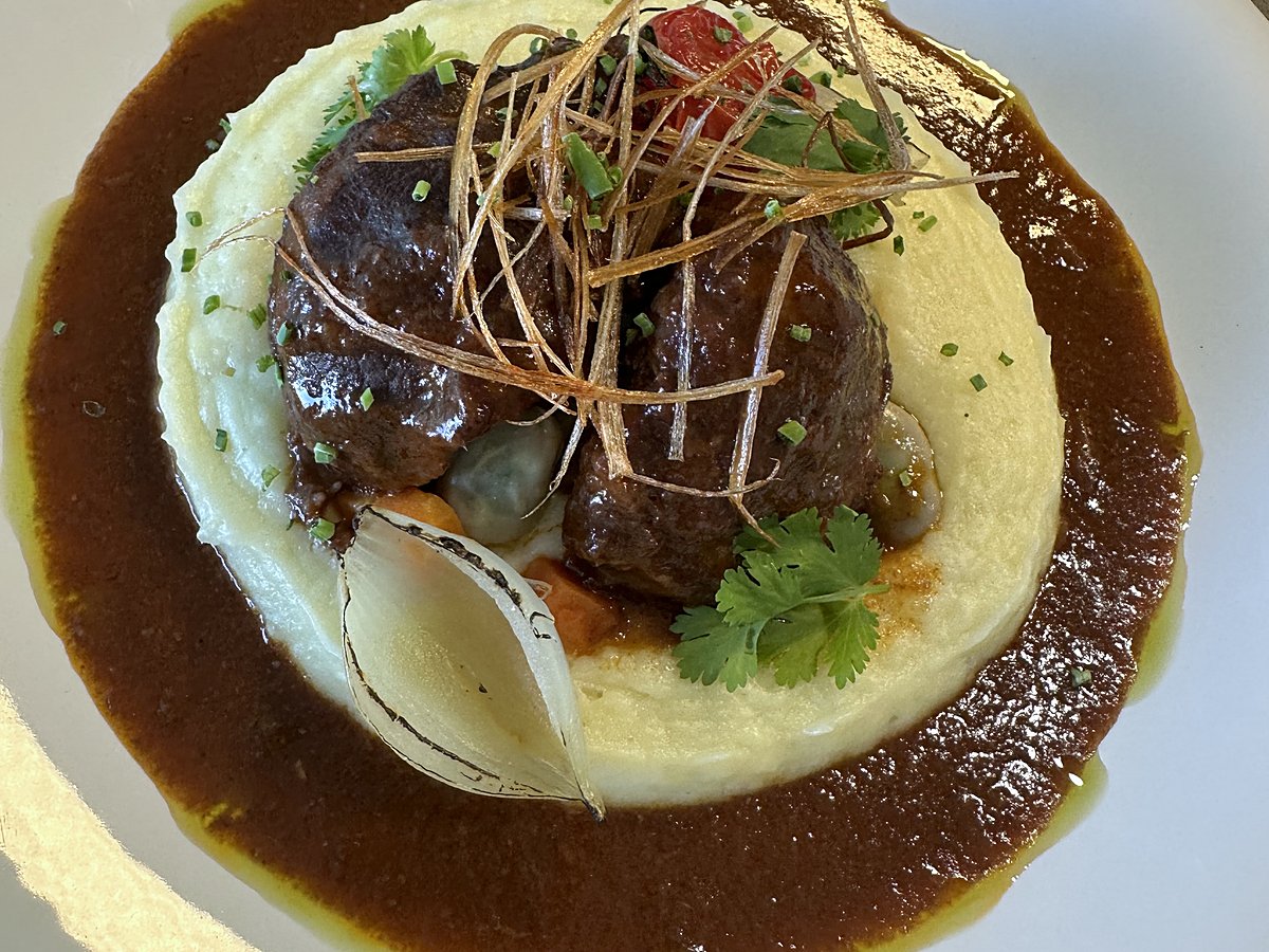 Braised beef on a smooth purée with a dark sauce