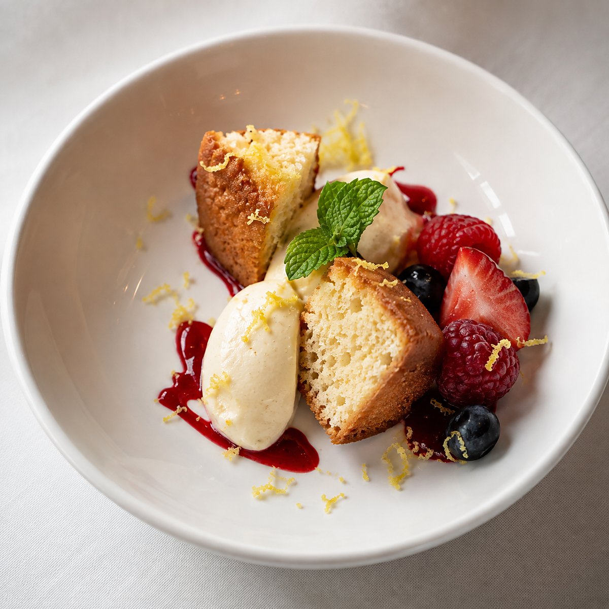 Cake with berries and cream in a white bowl