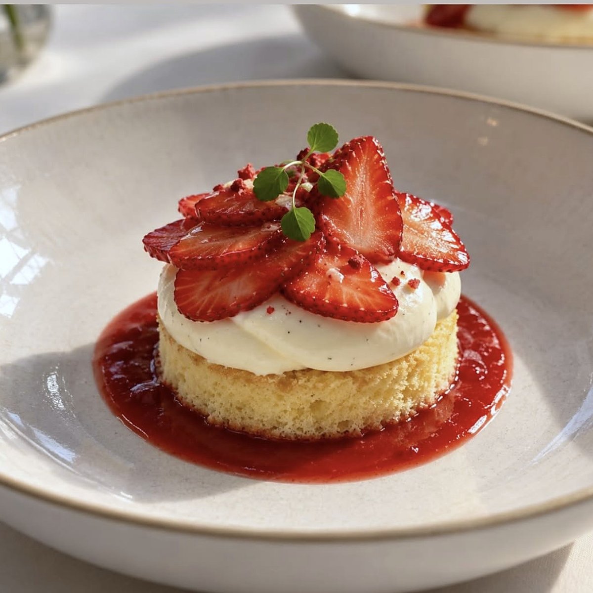 Strawberry cake with cream on a red coulis