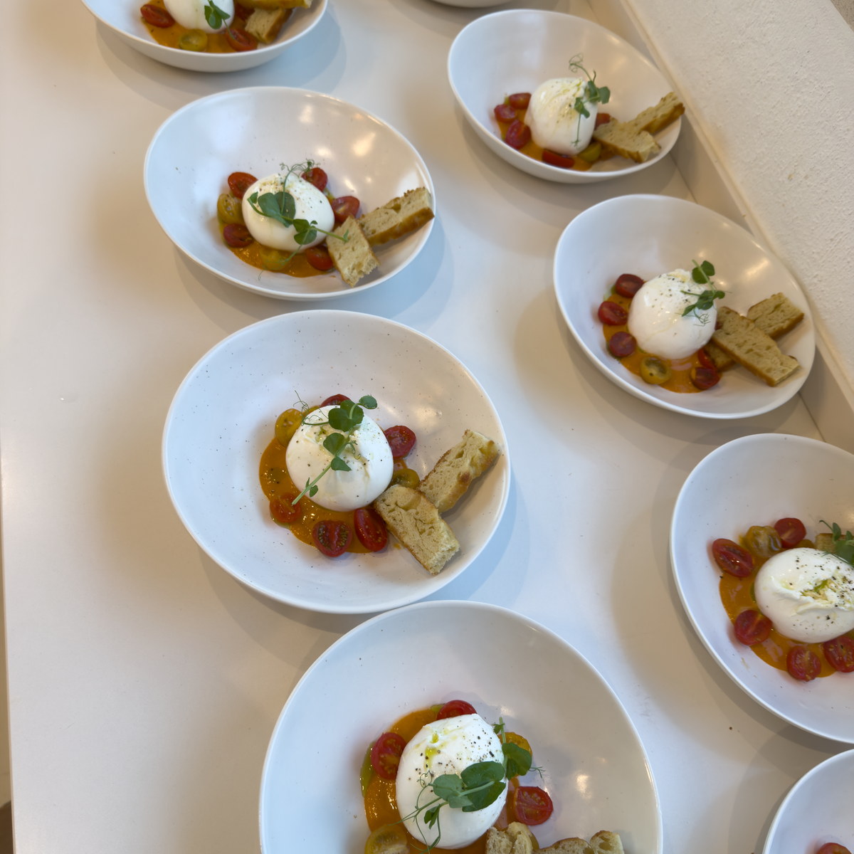 Burrata with tomatoes and focaccia in white bowls