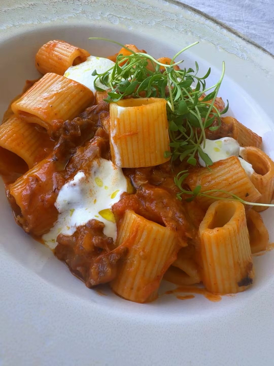 Rigatoni with ragù, burrata and fresh cress