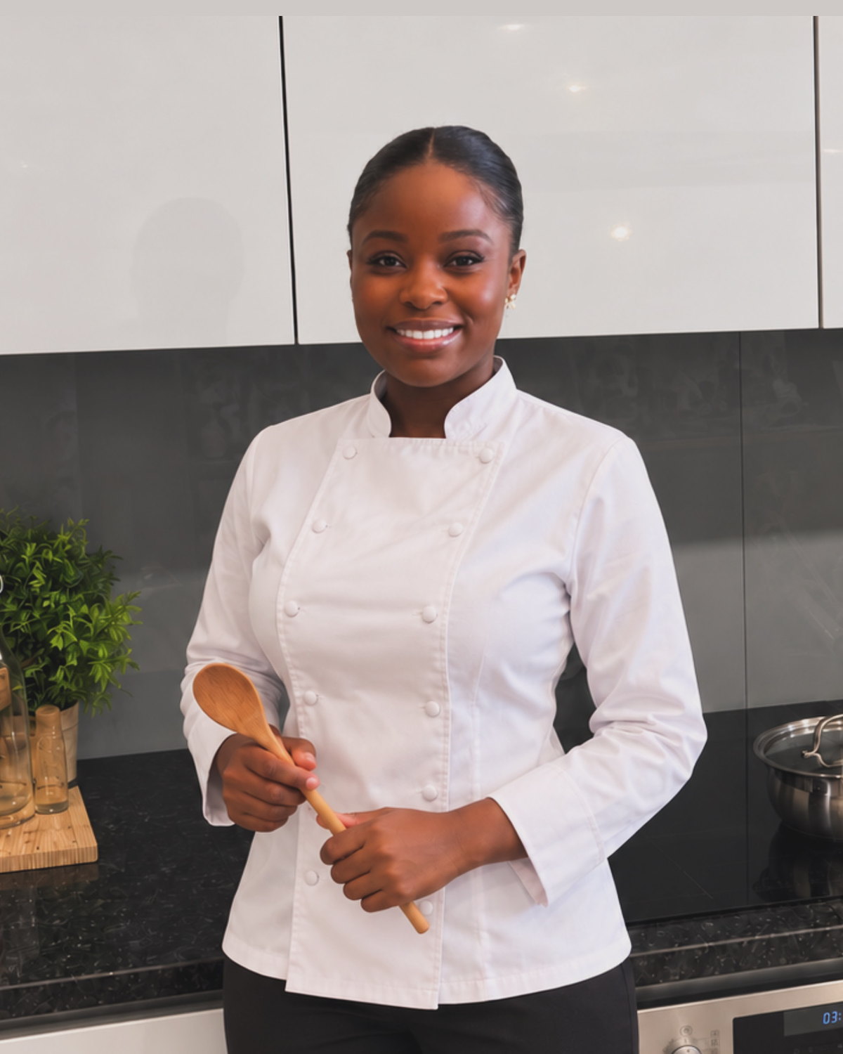 Chefa Jaquelina smiling in a kitchen, holding a wooden spoon